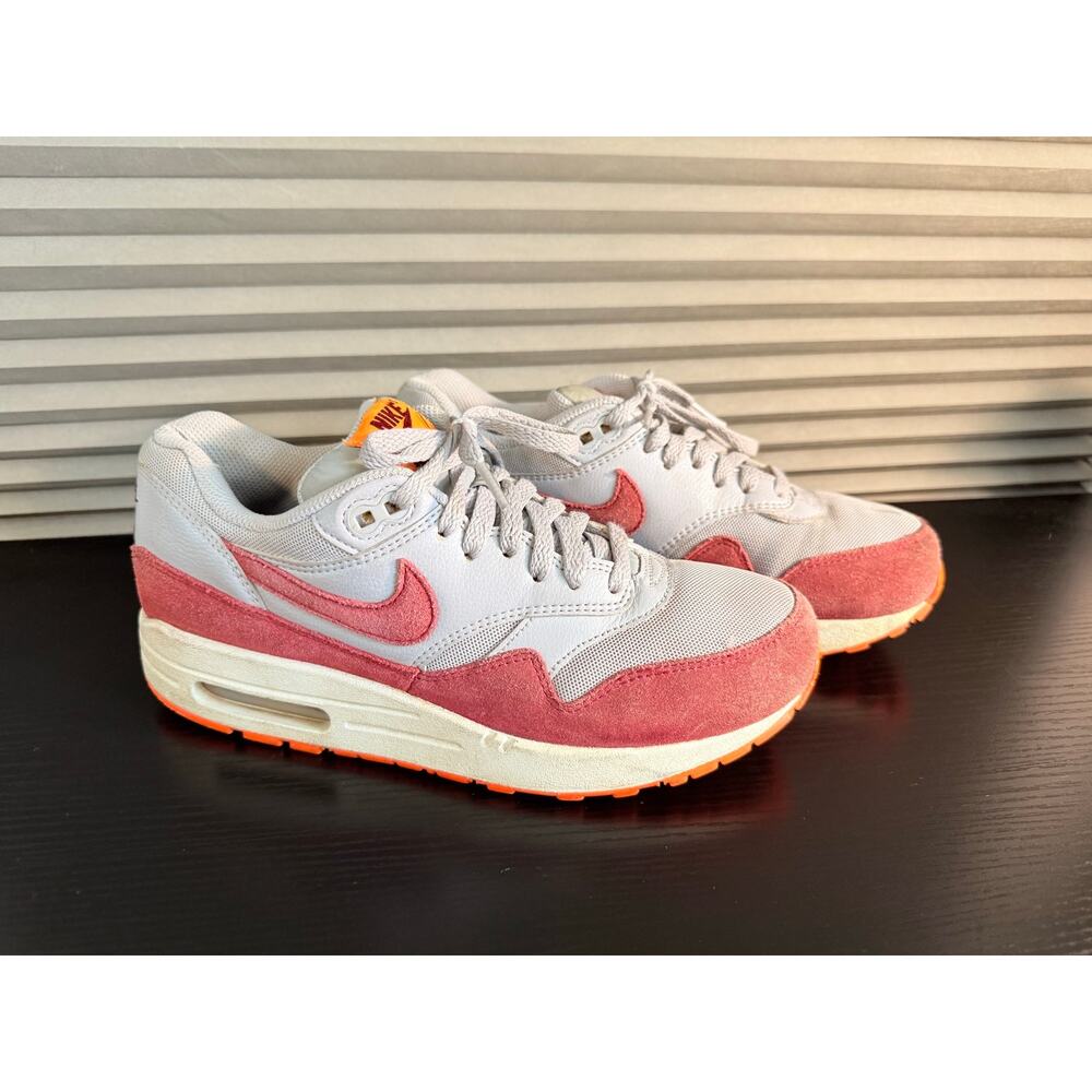 Nike Air Max 1 Gray Red Orange Sneakers Mens 8.5 Womens 10 Suede Running Shoes
